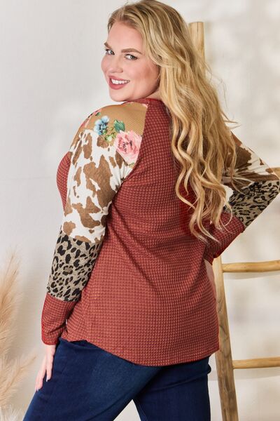 Hailey & Co Full Size Leopard Waffle-Knit Blouse in Size S, M, L, XL, 2XL, or 3XL