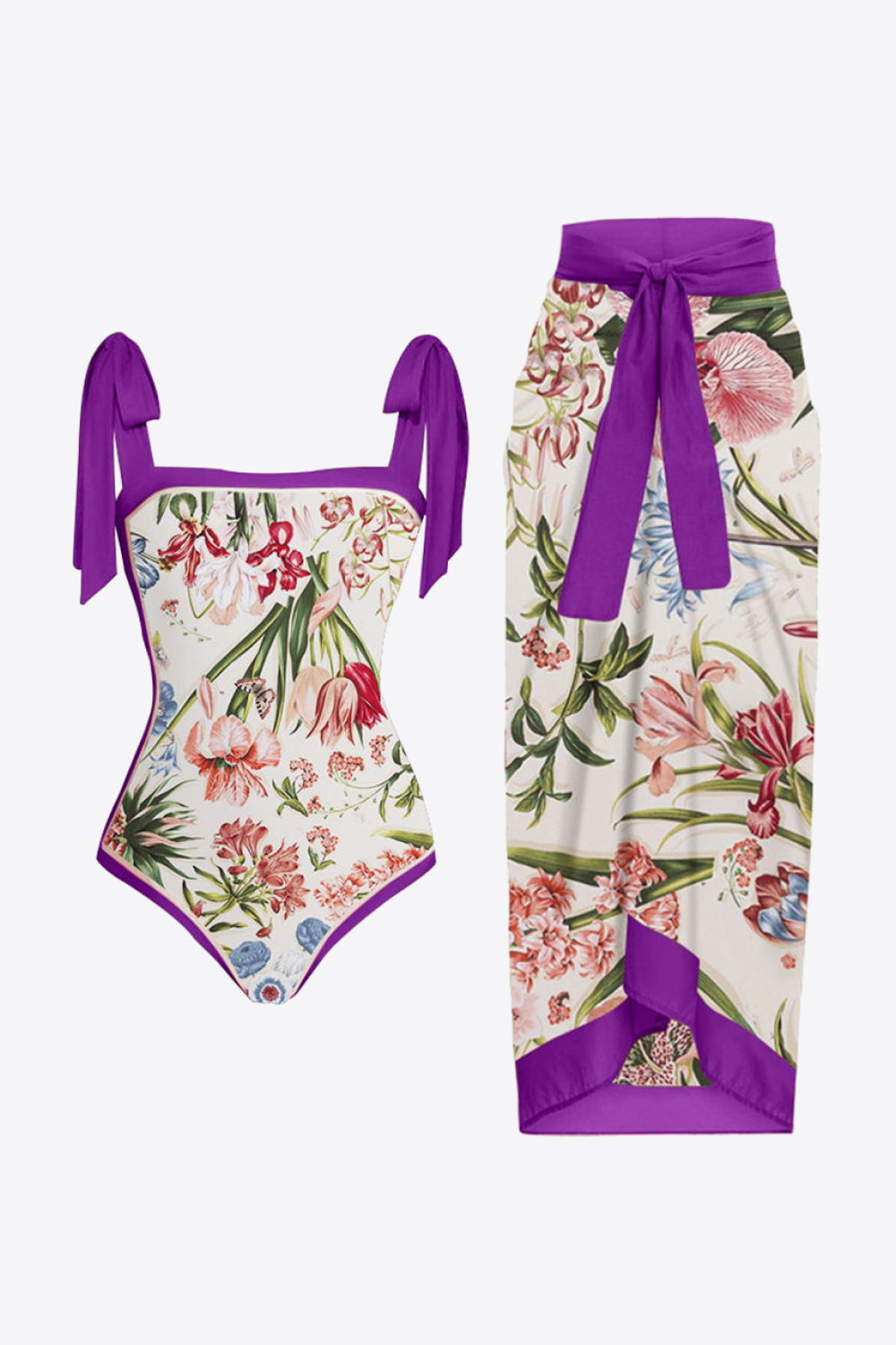 Floral Tie Shoulder Two-Piece Swim Set in Size S, M, L, XL, or 2XL Vivid Violet