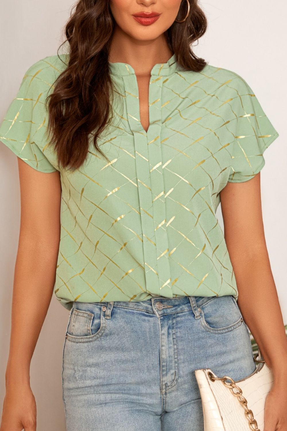 Printed Notched Short Sleeve Blouse in Size S, M, or L Gum Leaf