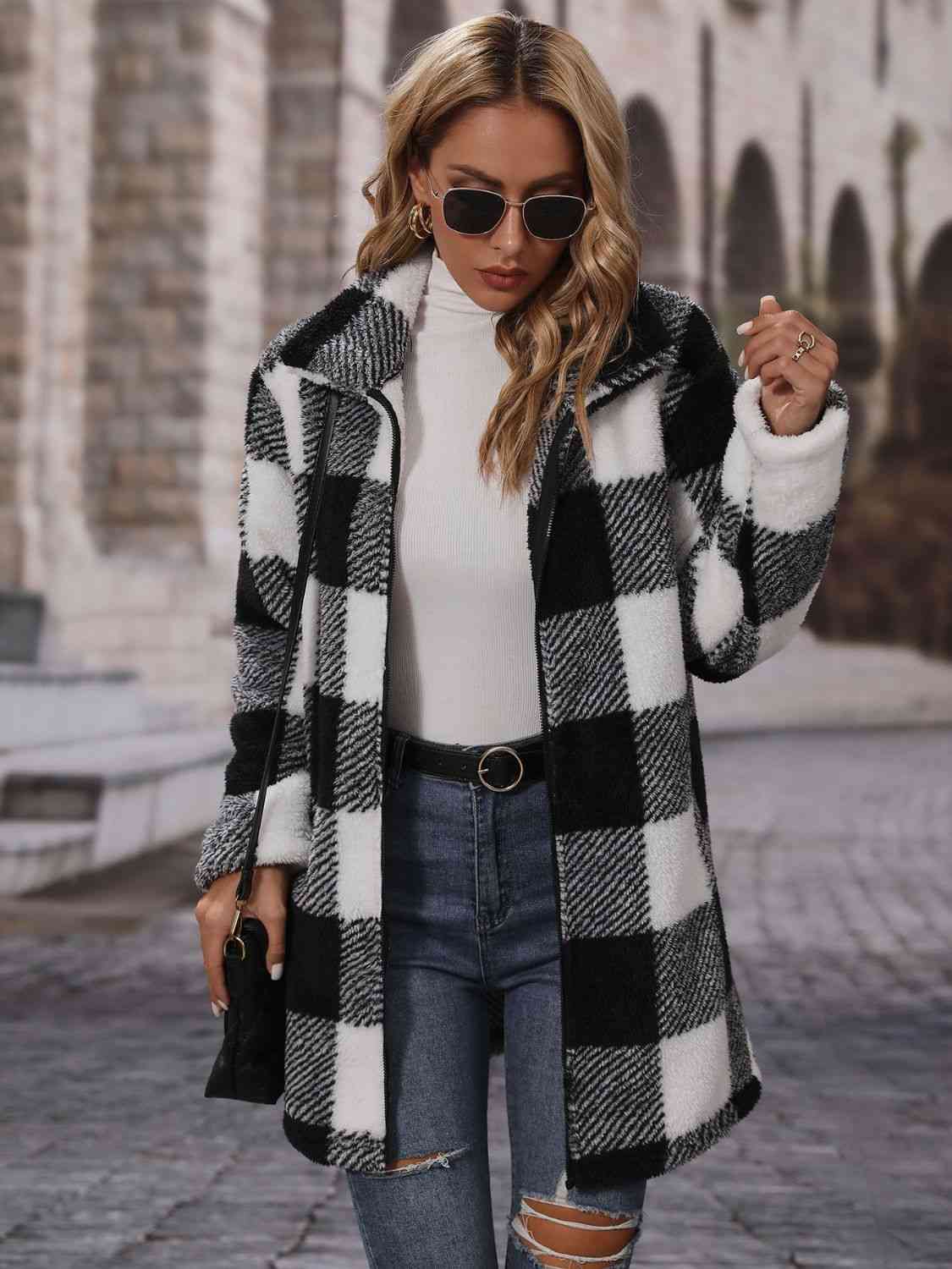 Black and White Plaid Collared Neck Coat with Pockets in Size S, M, L, or XL