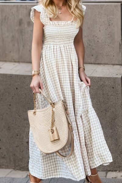 Smocked Ruffled Plaid Ruffle Hem Dress in 4 Color Choices in Size S, M, L, XL, 2X, or 3X Pastel Yellow