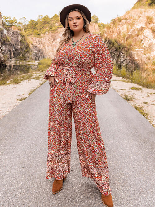 Plus Size Printed V Neck Tie Front Balloon Sleeve Jumpsuit Floral