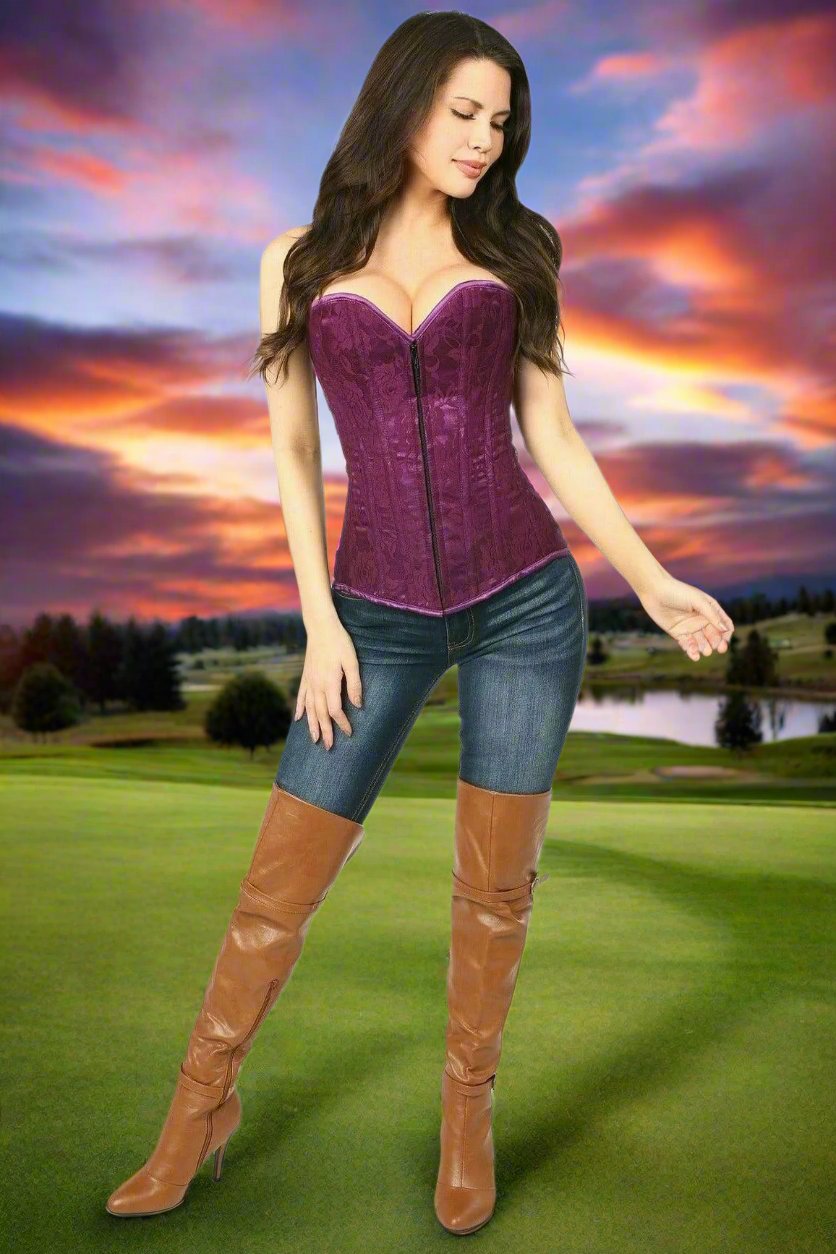 Magenta High Quality Satin Corset with Lace Net Overlay and Black Front Zipper