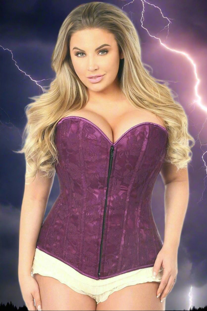 Magenta High Quality Satin Corset with Lace Net Overlay and Black Front Zipper