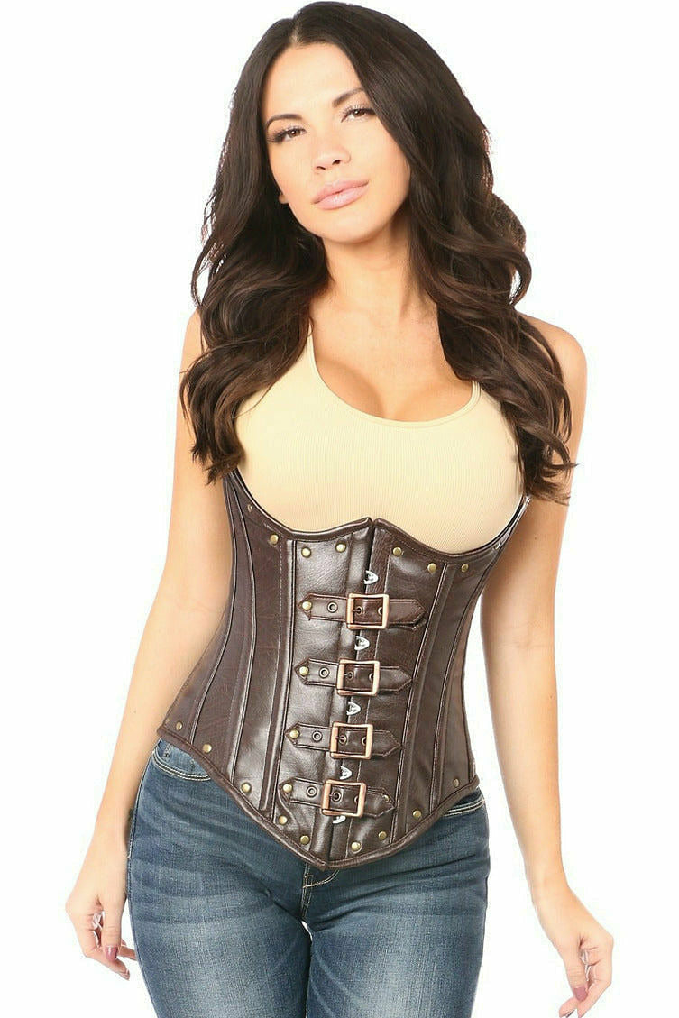 Top Drawer Steel Boned Distressed Brown Faux Leather Underbust Corset Top