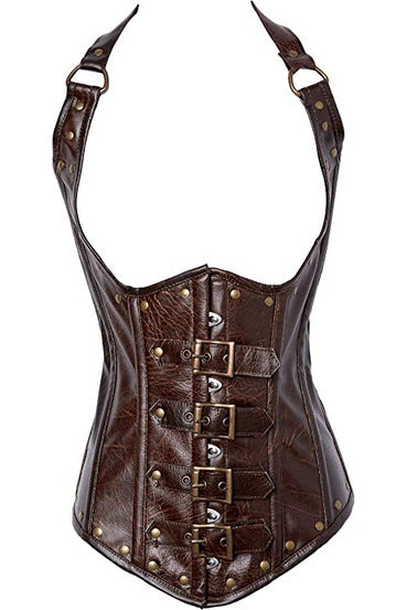 Top Drawer Steel Boned Distressed Brown Faux Leather Underbust Corset Top