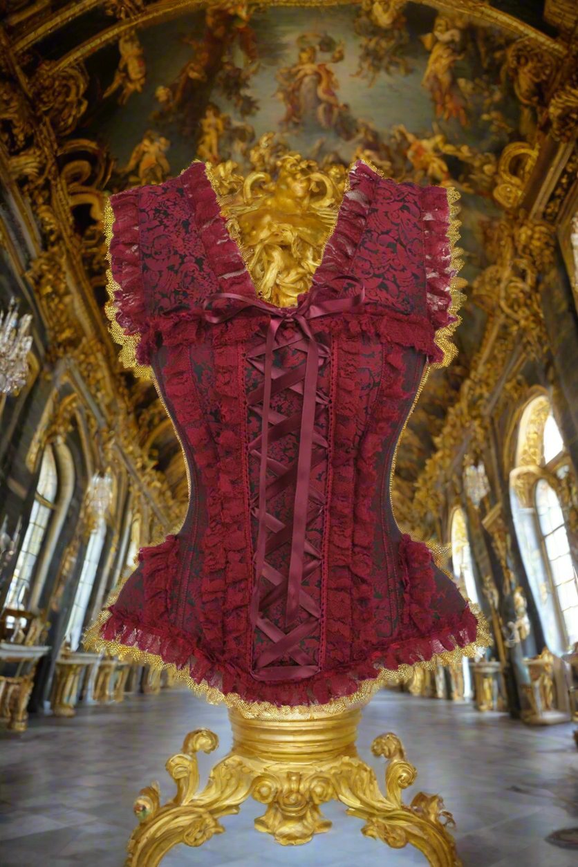 Red and Black Brocade and Lace Steel Boned Corset