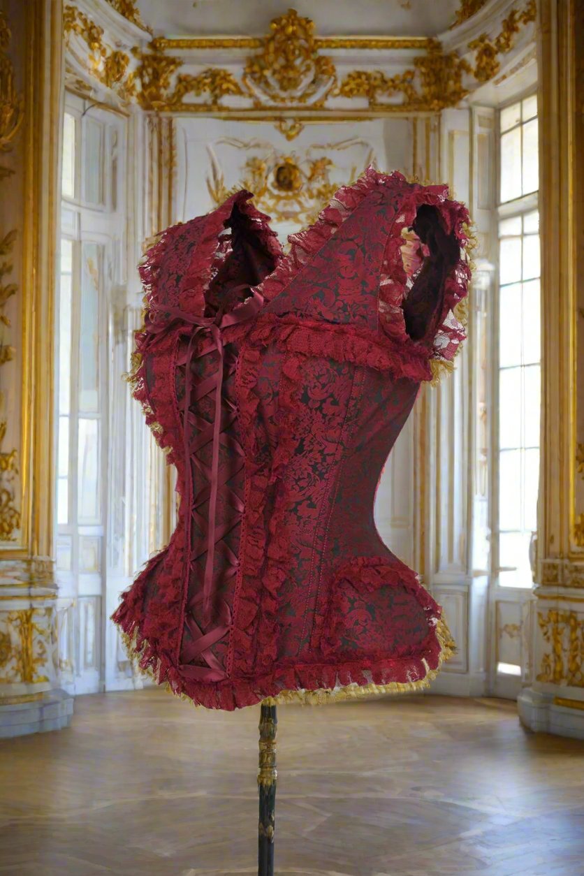 Red and Black Brocade and Lace Steel Boned Corset