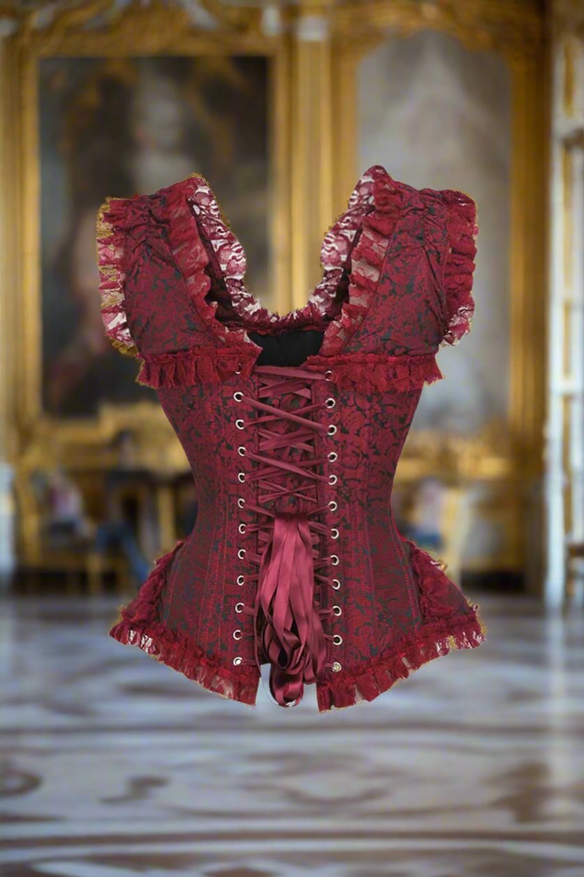 Red and Black Brocade and Lace Steel Boned Corset