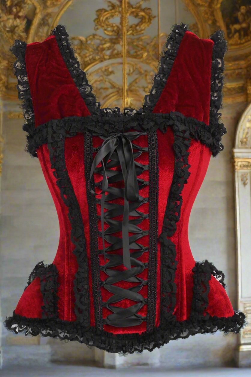 Dark Red Velvet and Lace Steel Boned Corset
