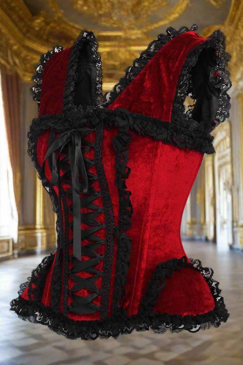 Dark Red Velvet and Lace Steel Boned Corset