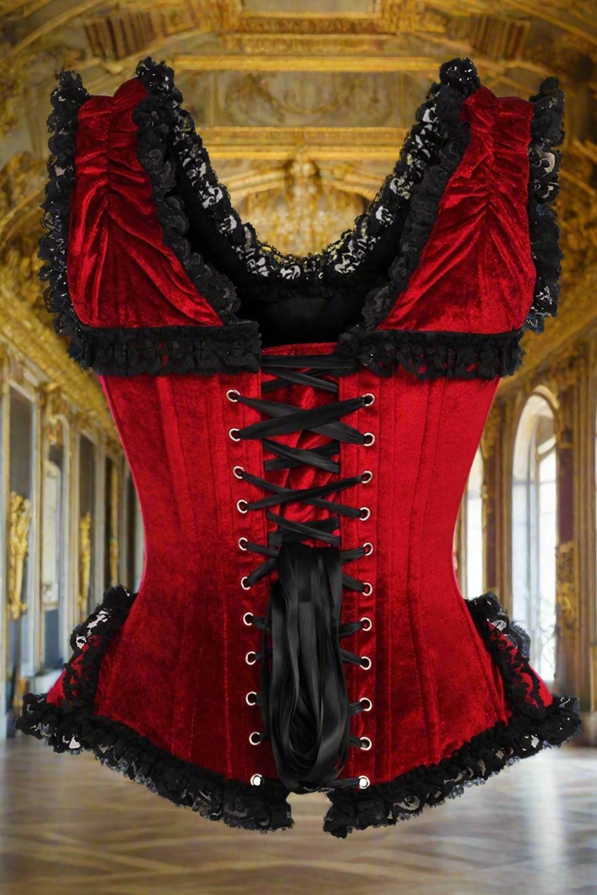 Dark Red Velvet and Lace Steel Boned Corset