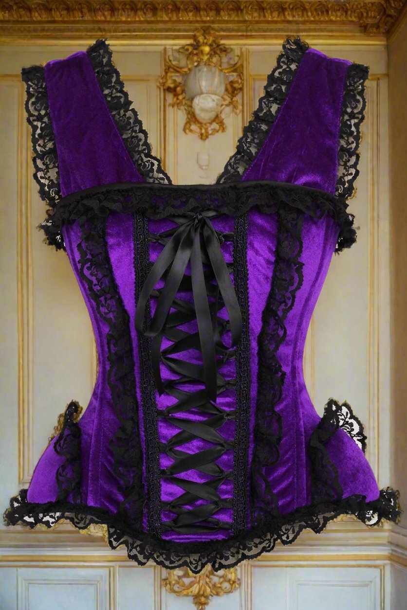 Purple and Black Velvet and Lace Steel Boned Corset