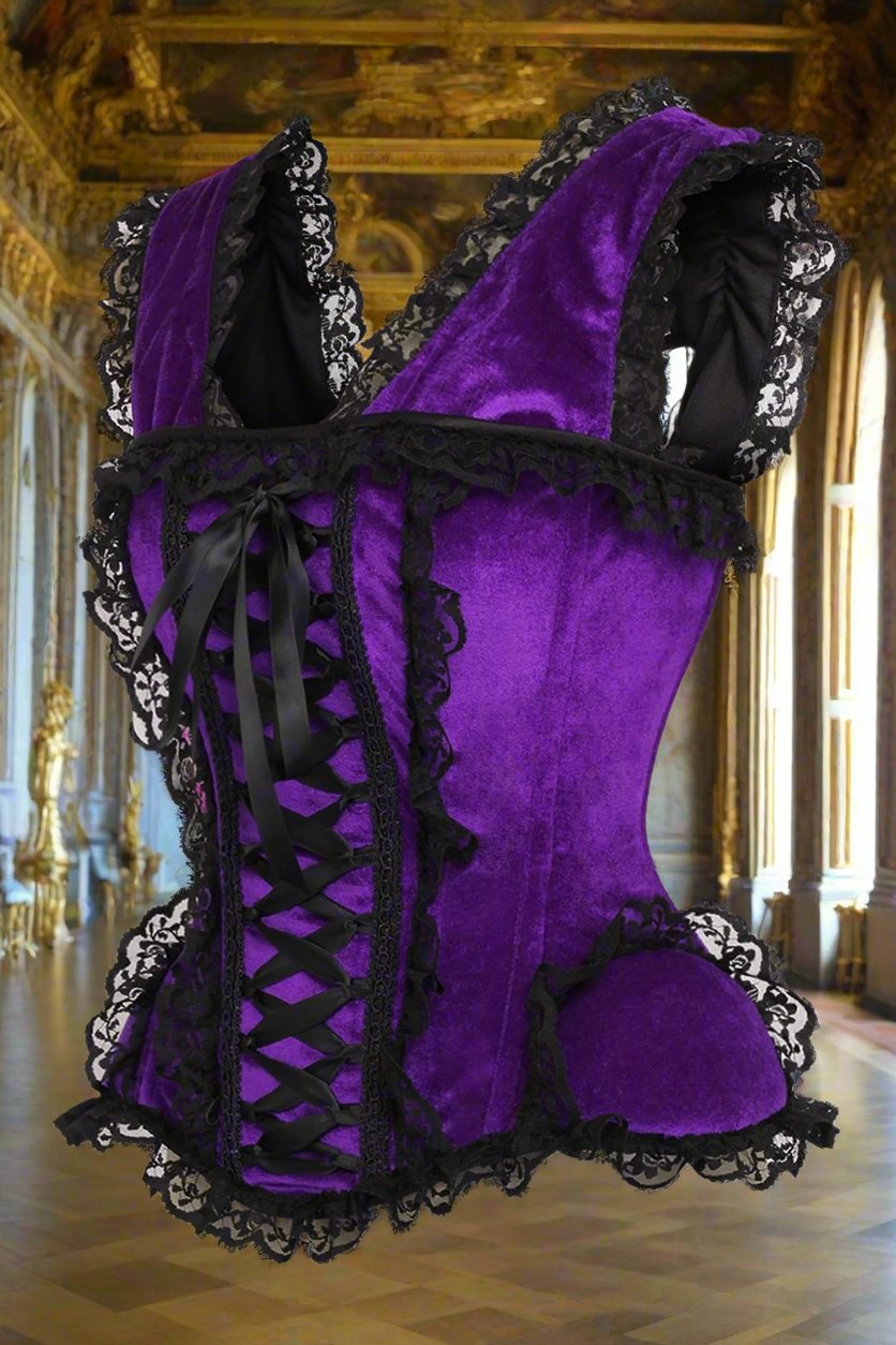 Purple and Black Velvet and Lace Steel Boned Corset