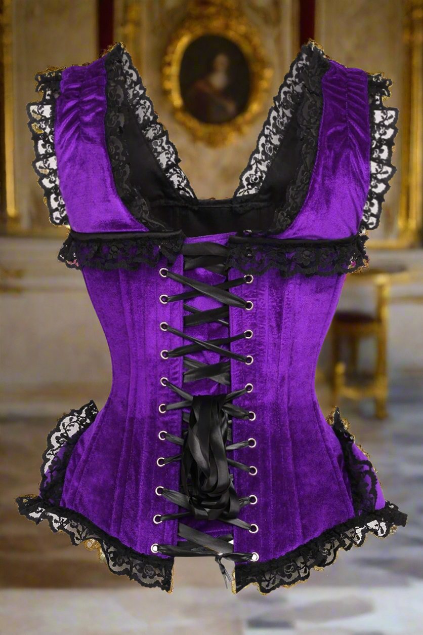 Purple and Black Velvet and Lace Steel Boned Corset