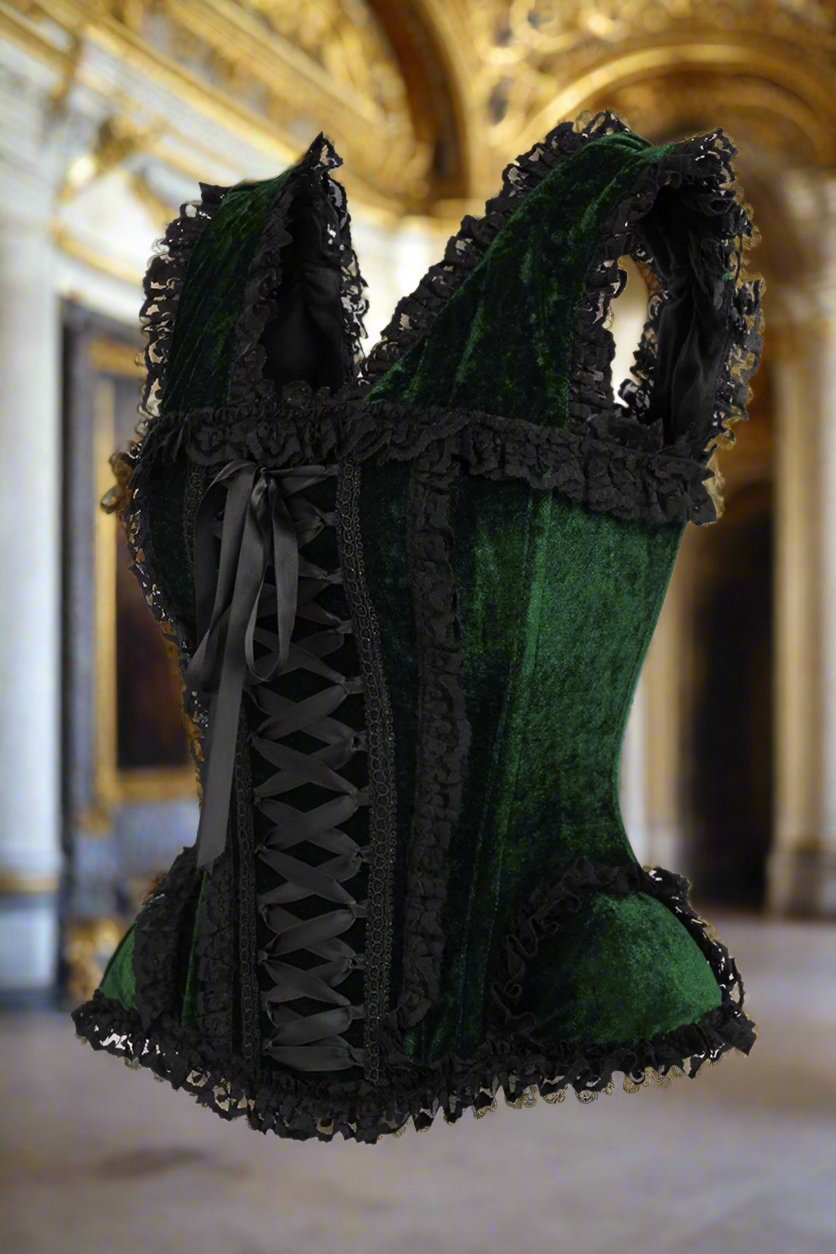 Dark Green Velvet and Lace Steel Boned Corset