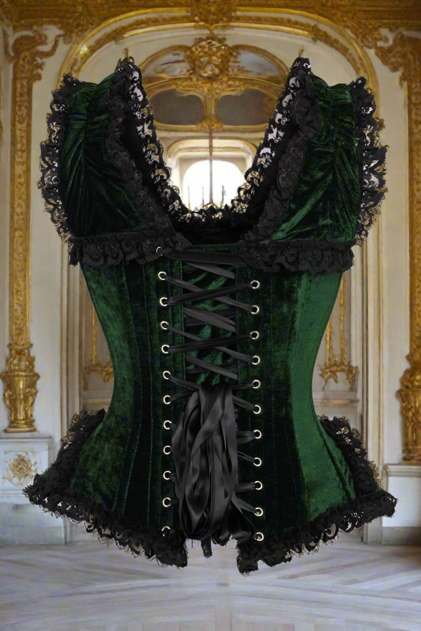 Dark Green Velvet and Lace Steel Boned Corset