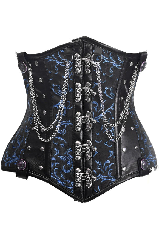 Top Drawer Black and Blue Steel Boned Underbust Corset with Chains and Clasps