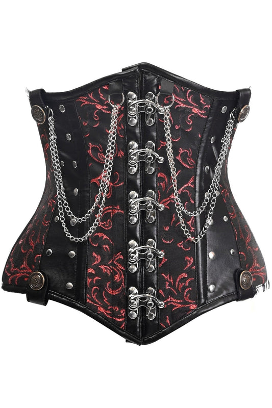 Top Drawer Black and Red Steel Boned Underbust Corset with Chains and Clasps