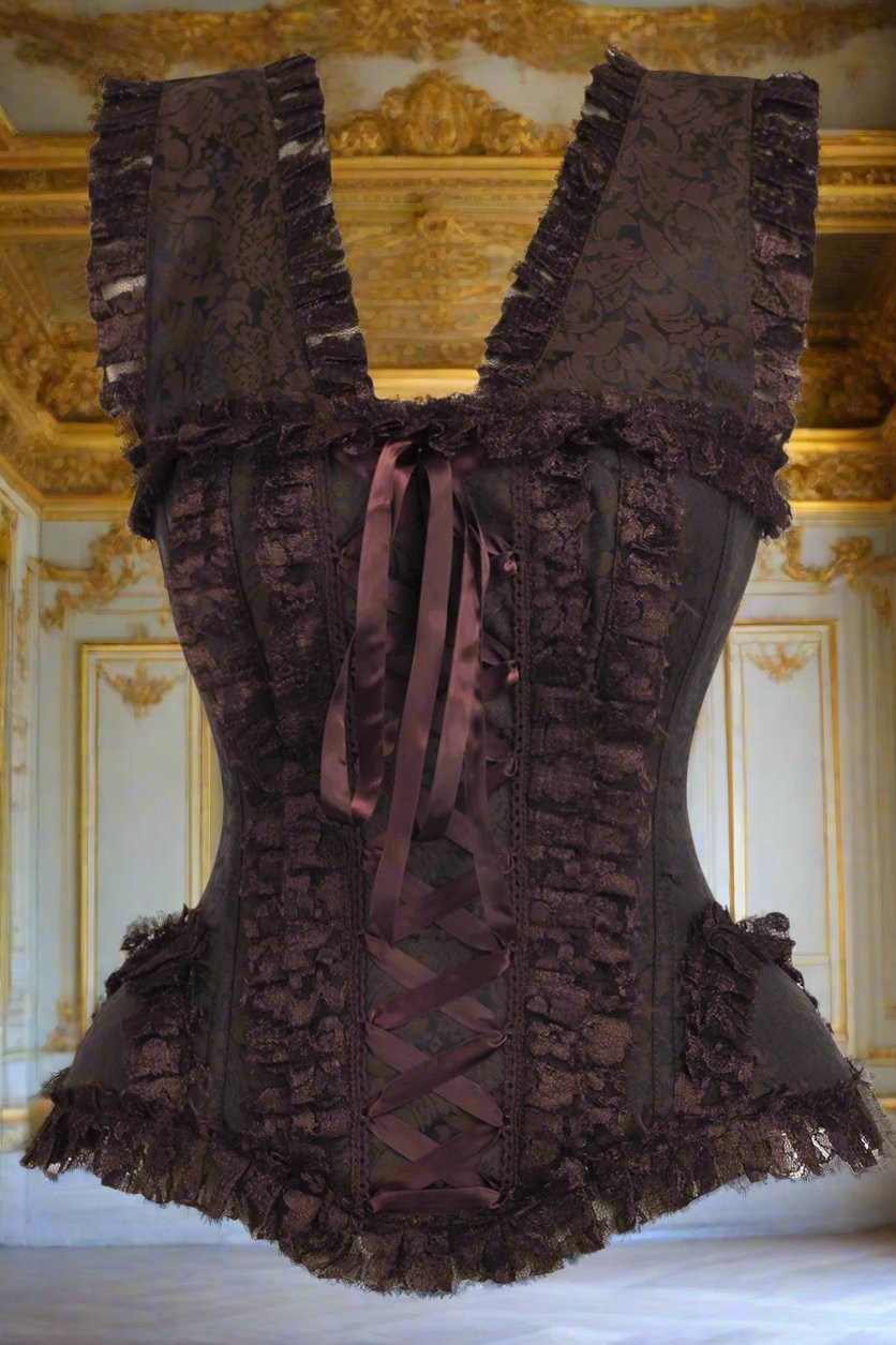 Brown Swirl Brocade and Lace Steel Boned Corset