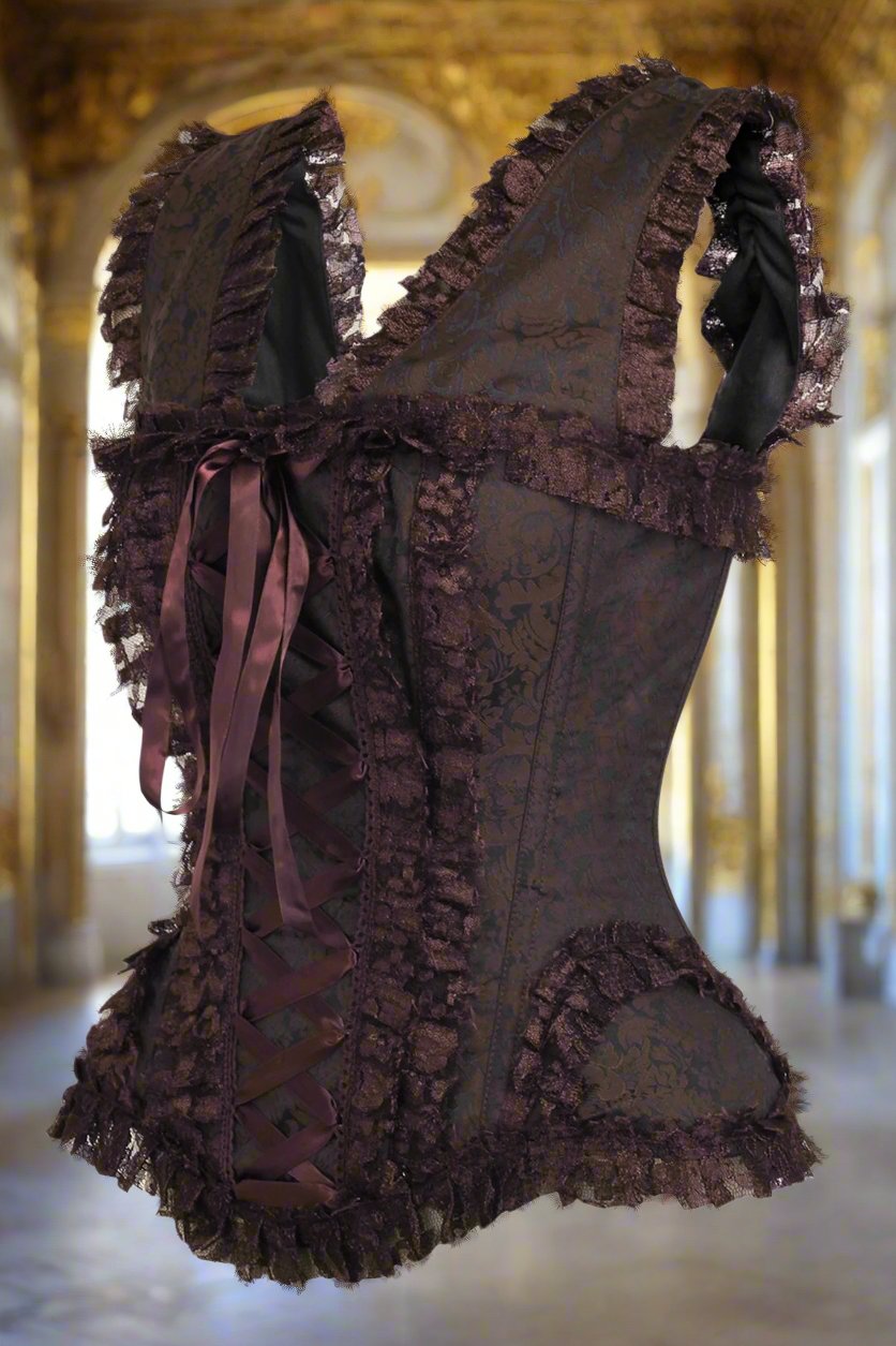 Brown Swirl Brocade and Lace Steel Boned Corset