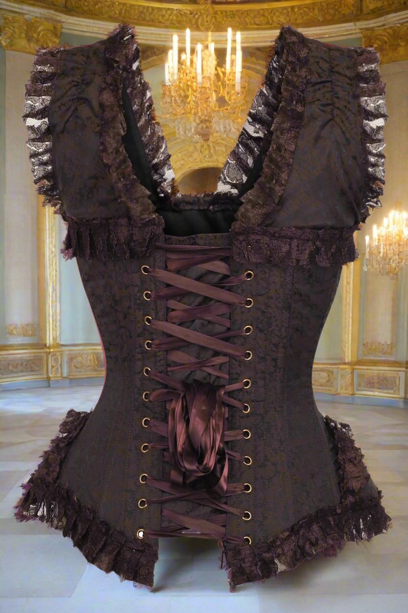 Brown Swirl Brocade and Lace Steel Boned Corset