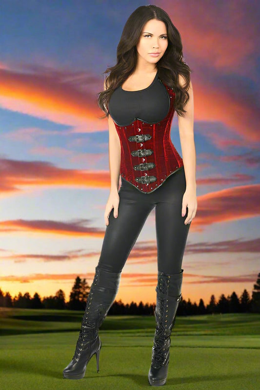 Red Velvet Underbust Corset with Buckles