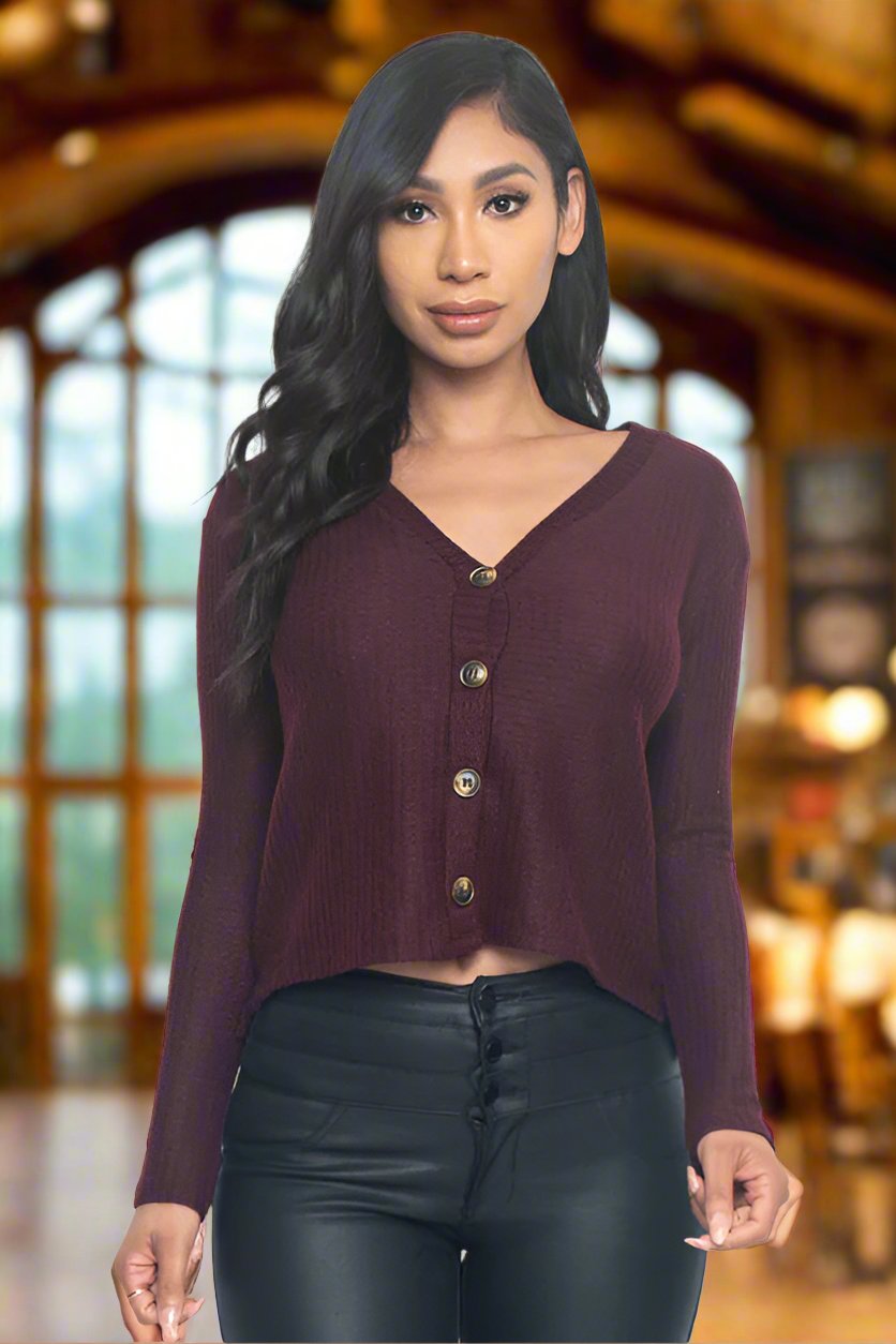 Pretty Cropped Button Up Sweater in Wine in Size S, M, L, or XL