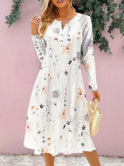 Floral Notched Long Sleeve Midi Dress in 4 Color Choices in Size S, M, L, or XL