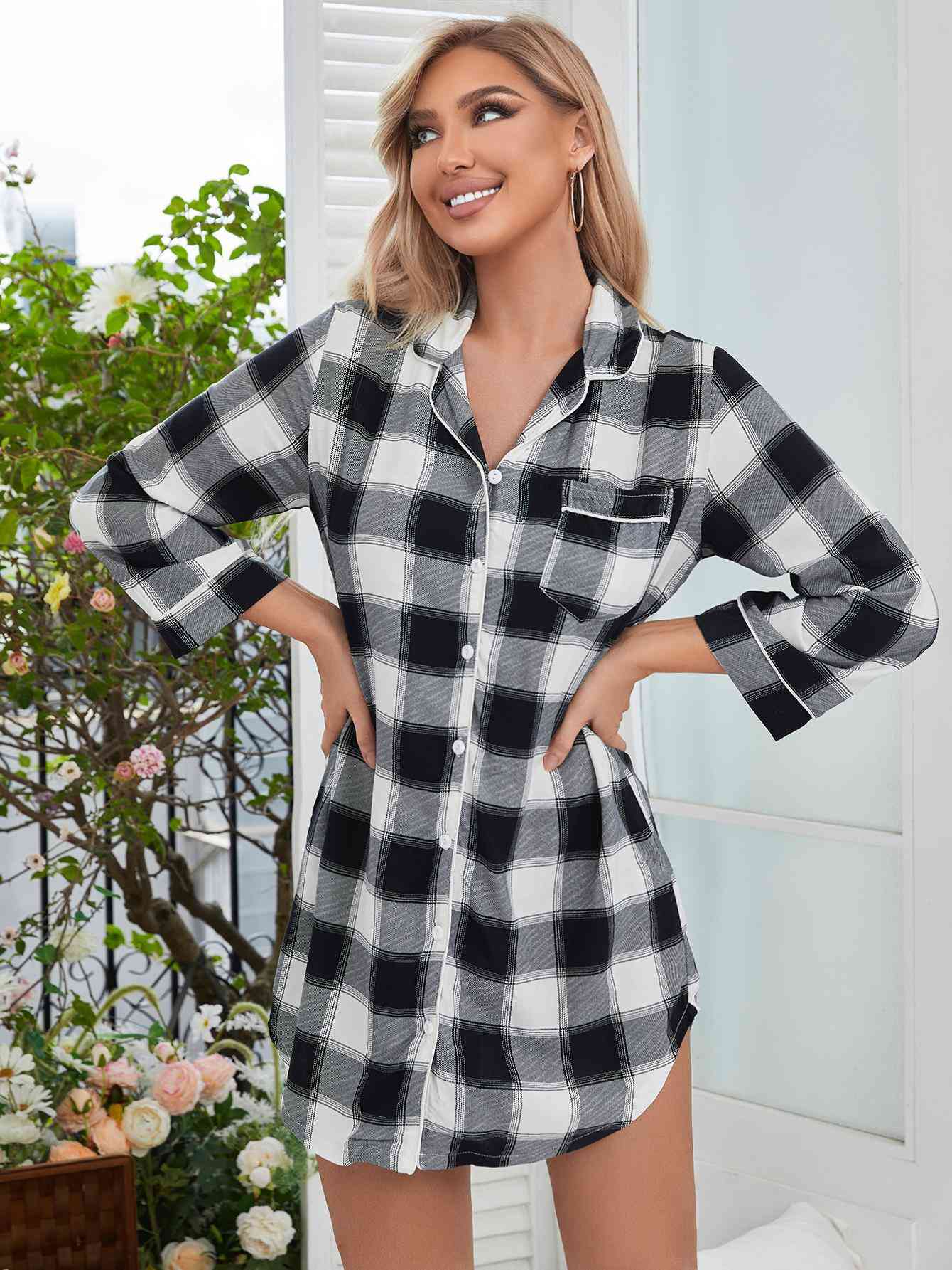 Plaid Lapel Collar Shirt Dress in Size S, M, L, or XL