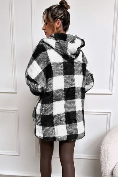 Double Take Full Size Plaid Long Sleeve Hooded Coat in 4 Color Choices in Size S, M, L, XL, 2X, or 3X