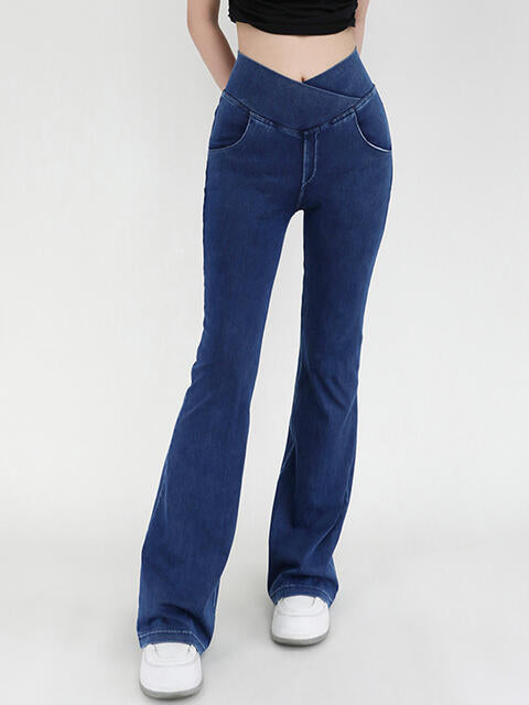 Wide Waistband Bootcut Stretch Jeans with Pockets in 4 Color Choices in Size S, M, L, XL, or 2X Dark Blue