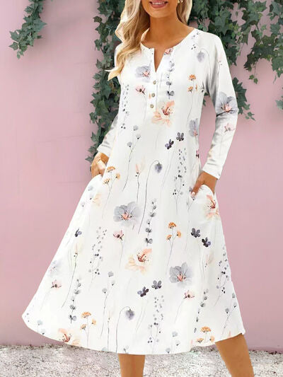 Floral Notched Long Sleeve Midi Dress in 4 Color Choices in Size S, M, L, or XL White