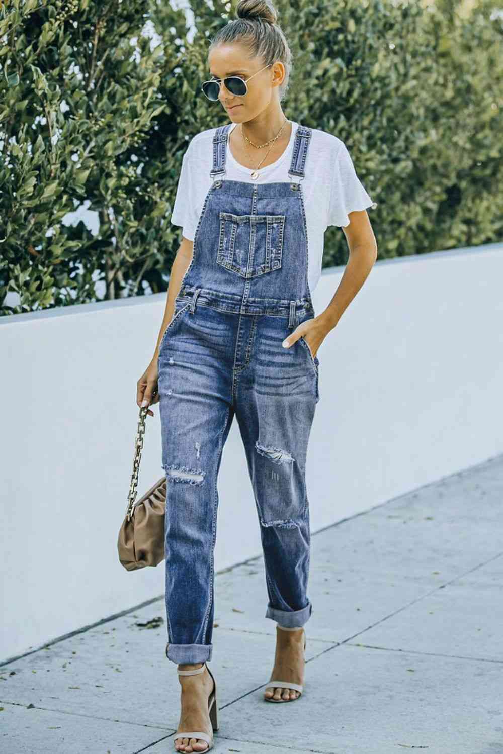 Pocketed Distressed Denim Overalls Sky Blue