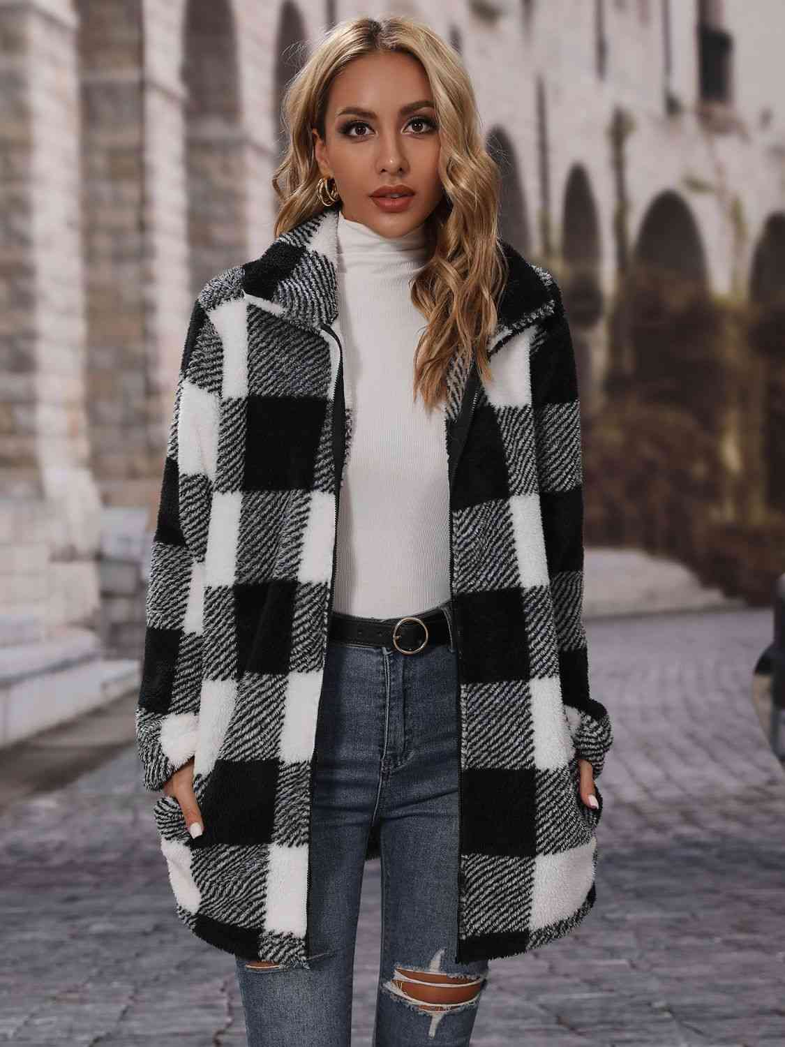 Black and White Plaid Collared Neck Coat with Pockets in Size S, M, L, or XL Black