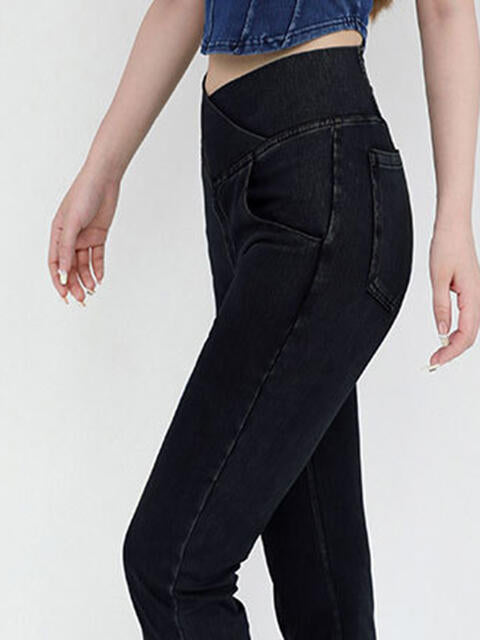 Wide Waistband Bootcut Stretch Jeans with Pockets in 4 Color Choices in Size S, M, L, XL, or 2X