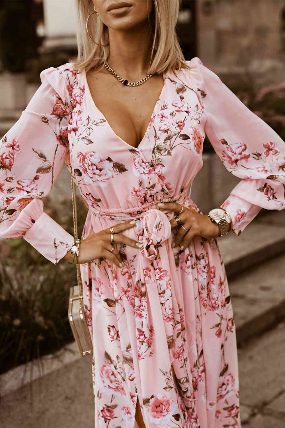 Floral Tie Belt Bishop Sleeve Slit Maxi Dress in Size S, M, L, or XL