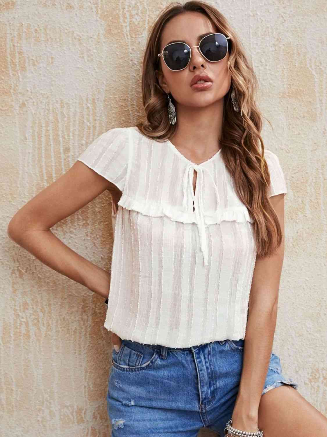 Ruffled Short Sleeve Blouse XS, S, M, or L White