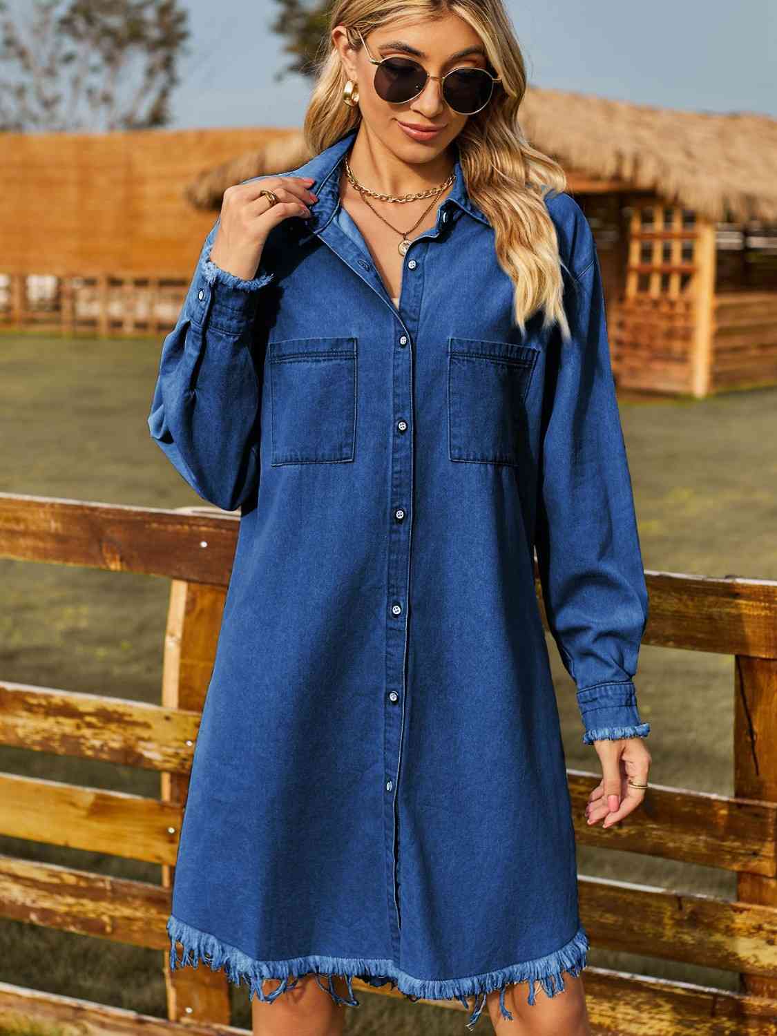 Button Up Collared Neck Raw Hem Denim Dress in 2 Color Choices in Size S, M, L, or XL