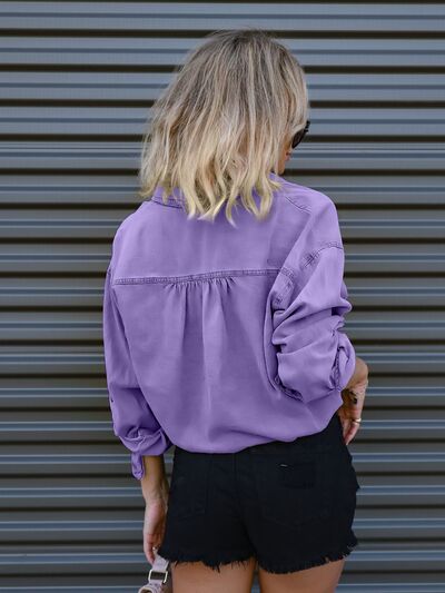 Drawstring Pocketed Button Up Denim Top in Moss or Lavender in Size S, M, L, or XL