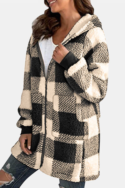 Double Take Full Size Plaid Long Sleeve Hooded Coat in 4 Color Choices in Size S, M, L, XL, 2X, or 3X