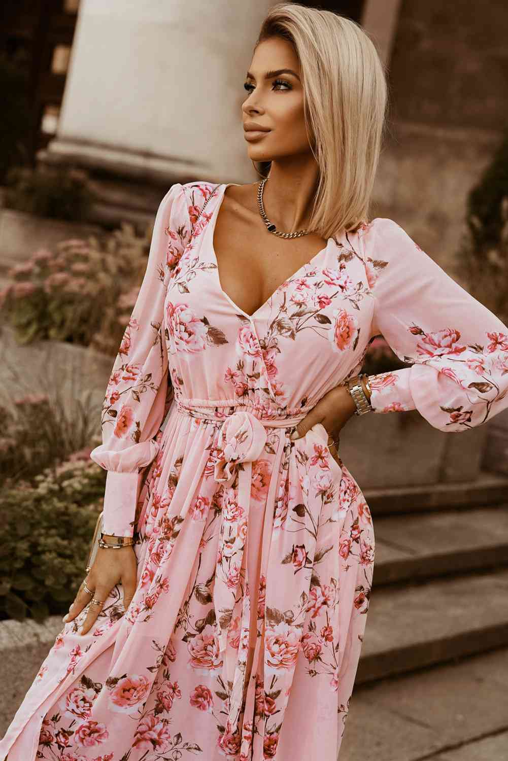 Floral Tie Belt Bishop Sleeve Slit Maxi Dress in Size S, M, L, or XL