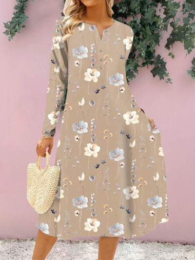 Floral Notched Long Sleeve Midi Dress in 4 Color Choices in Size S, M, L, or XL