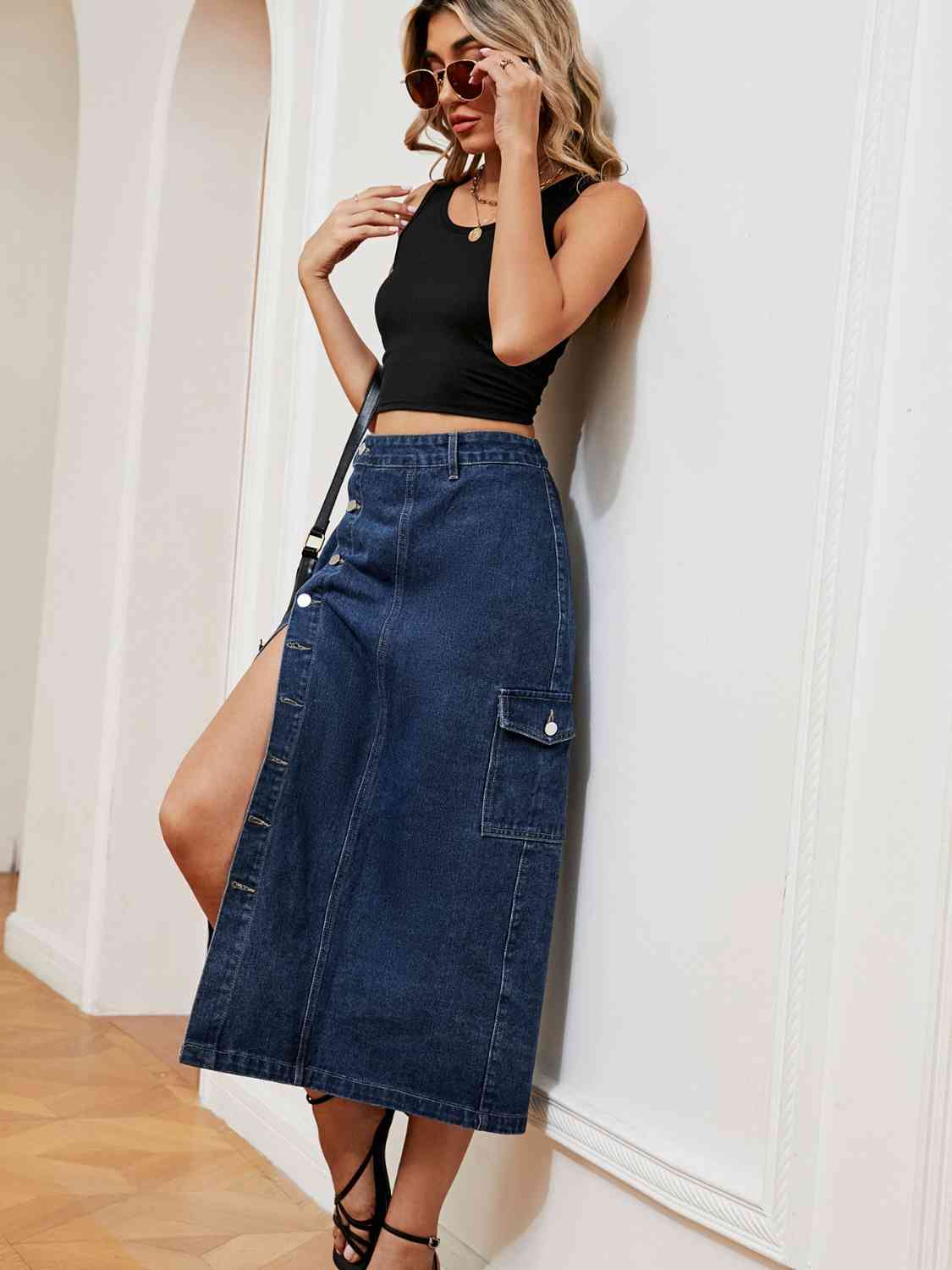 Button Down Denim Skirt in Size S, M, L, XL, or 2X