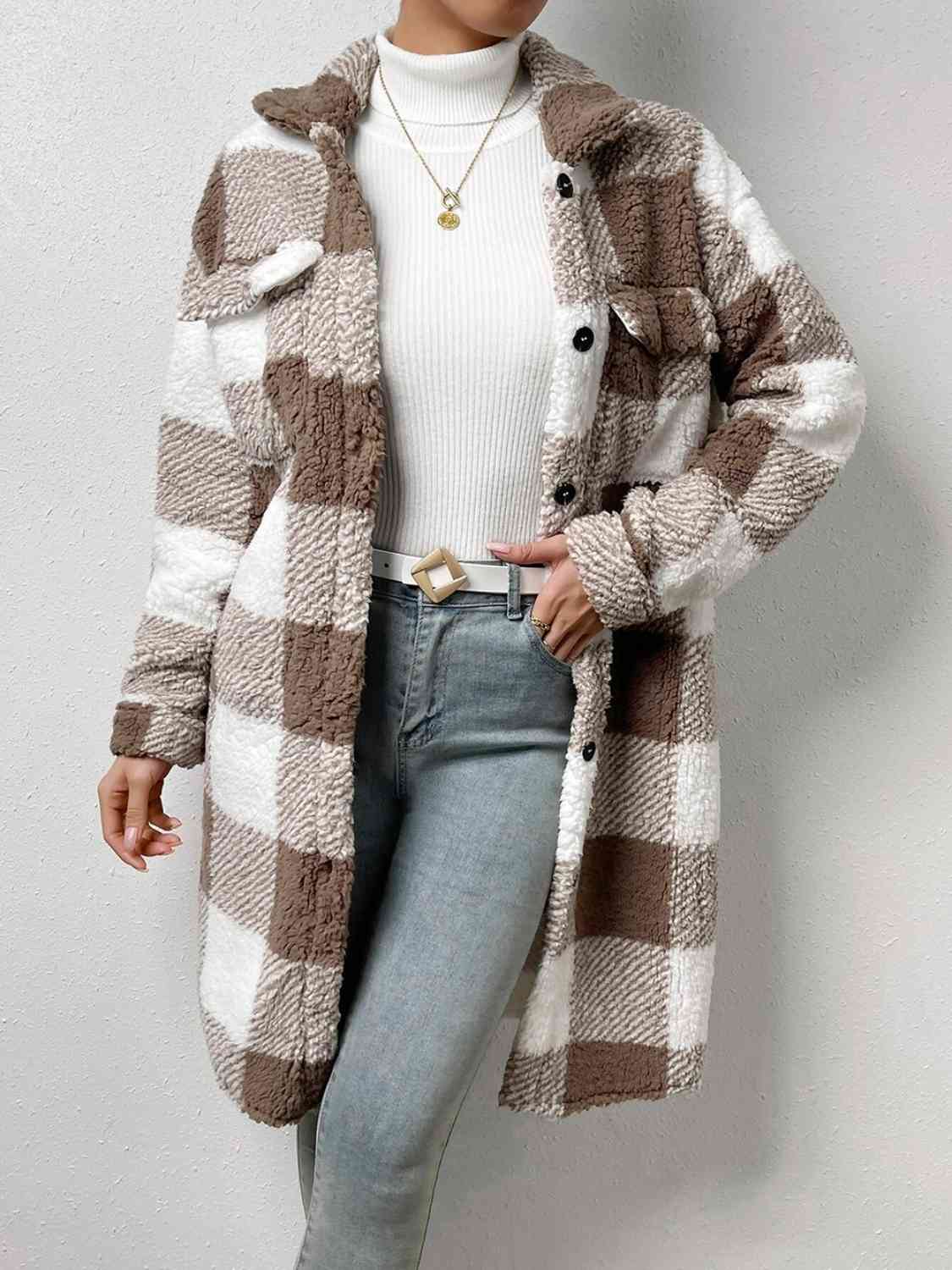 Plaid Collared Neck Button Down Coat Taupe