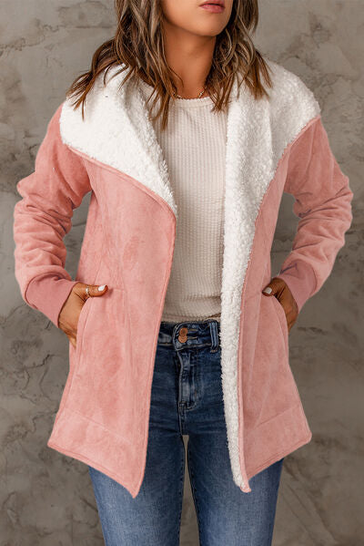 Open Front Long Sleeve Sherpa Jacket with Pockets Dusty Pink