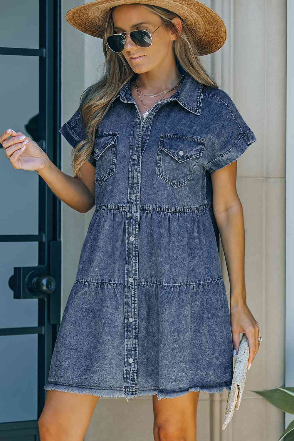 Button Front Raw Hem Denim Dress Dark Blue