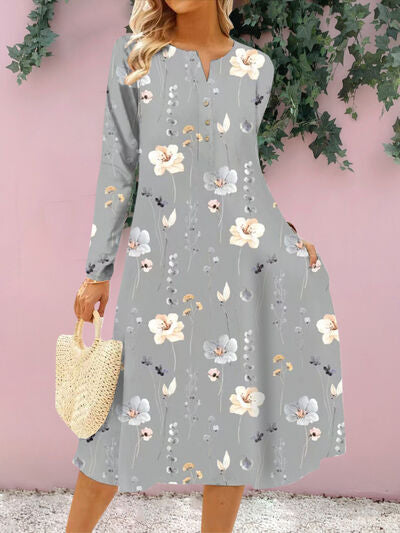 Floral Notched Long Sleeve Midi Dress in 4 Color Choices in Size S, M, L, or XL