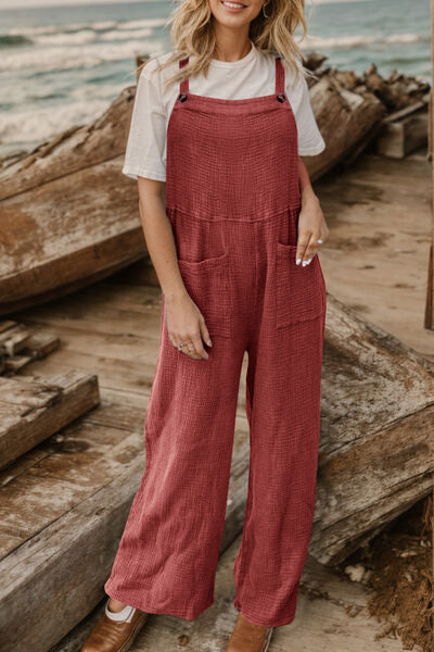 Full Size Wide Leg Front Pocket Jumpsuit Brick Red