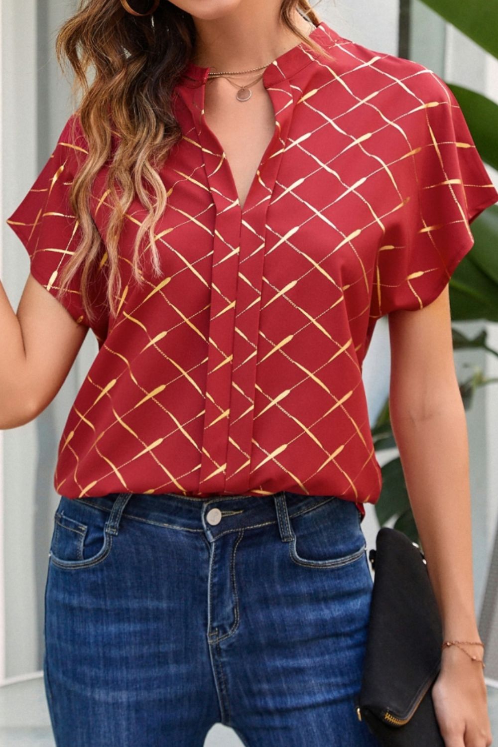 Printed Notched Short Sleeve Blouse in Size S, M, or L Wine